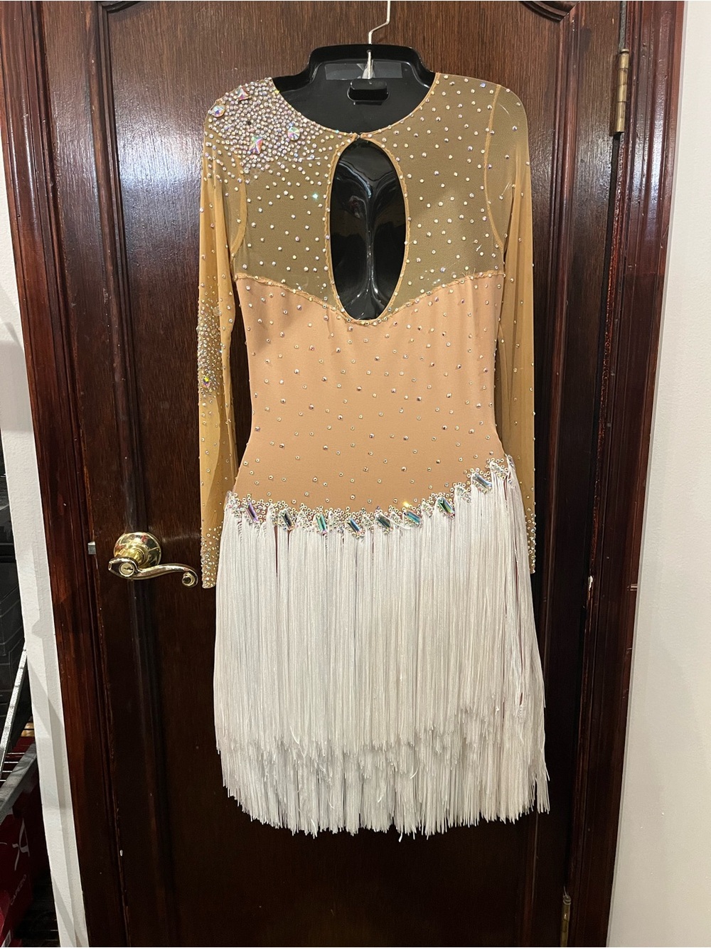 Tan Long-Sleeve Fringe Dance Dress with Crystal Accents - Picture 6 of 8